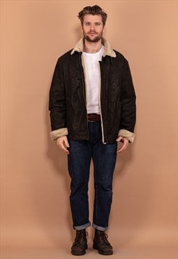 Vintage 90's Men Faux Fur Lined Leather Jacket in Black