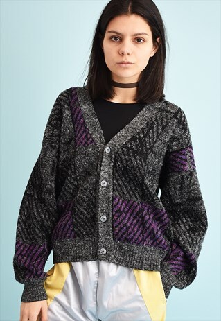 80'S RETRO JAZZY ABSTRACT PATTERN SLOUCHY KNIT CARDIGAN