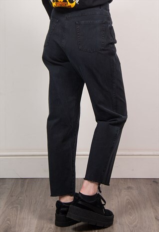 VINTAGE 90'S BLACK DENIM HIGH WAIST RAW HEM MOM JEANS