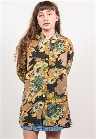 VINTAGE 90'S GREEN FLORAL PATTERN SHIRT BLOUSE