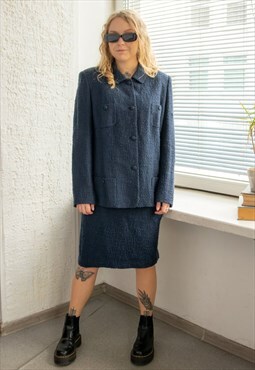 Vintage 70's Blue Textured Blazer&Skirt Co-ordinate