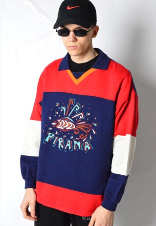 VINTAGE 80S NAVY BLUE RED COLOUR BLOCK PIRANA SWEATSHIRT