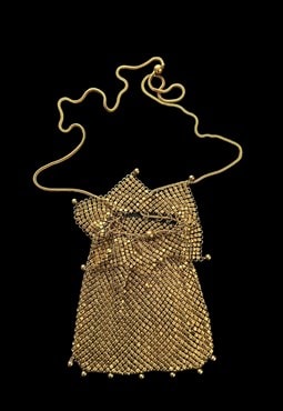 70's Vintage Mini Bag Gold Metal Chainmail Drawstring 