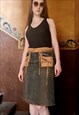 Vintage Y2K Midi Denim Festival Skirt with suede pockets