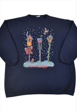 Vintage Christmas Sweatshirt Home for the Holidays Navy XL