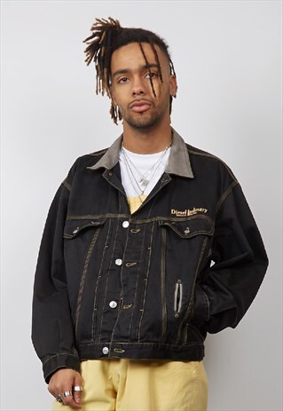 VINTAGE 80'S DIESEL CONTRAST COLLAR BLACK DENIM JACKET