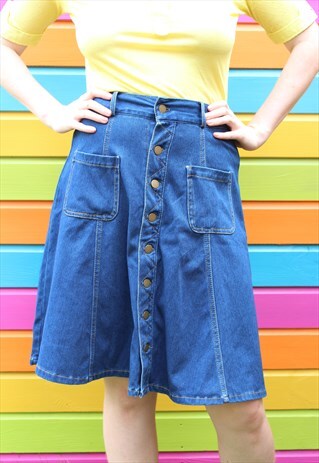 VINTAGE 90S BLUE KNEE LENGTH SUMMER ELASTICATED SKATER SKIRT
