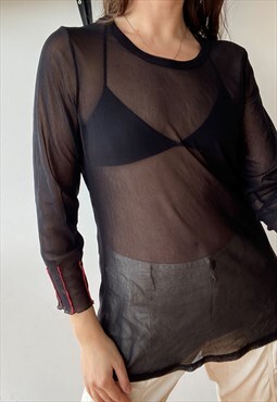 Vintage Y2K 00s black sheer mesh long sleeve blouse top 