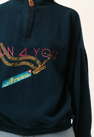90S VINTAGE 1/4 ZIP EMBROIDERED PRINT SWEATSHIRT 1204