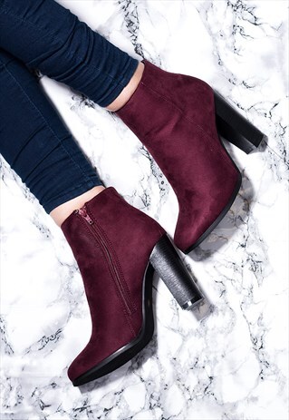 THORA BLOCK HEEL ANKLE BOOTS SHOES - BORDEAUX SUEDE STYLE