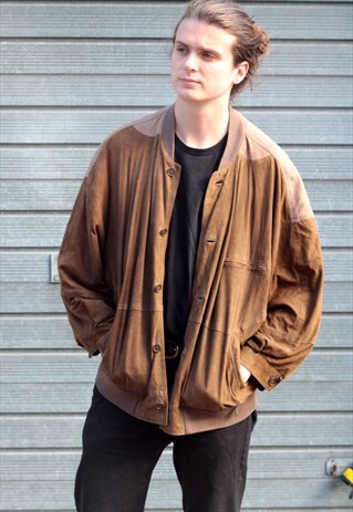 1980'S VINTAGE 2 TONE BROWN OVERSIZED SUEDE BOMBER JACKET