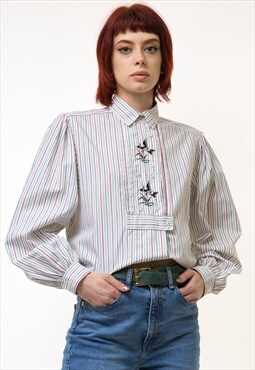 80s Bavarian Dirndl Victorian Folk Embroidered Shirt 5284