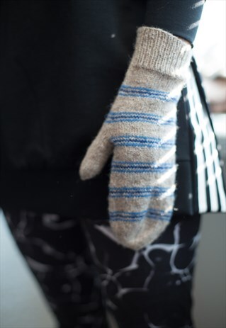 BROWN STRIPED HANDMADE KNITTED WOOL GLOVES