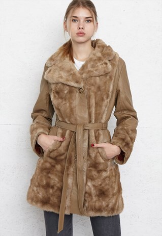 VINTAGE BROWN FAUX FUR LEATHER TRENCH COAT