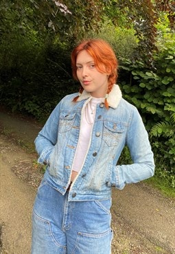 Vintage Size S Denim Shearling Jacket In Blue