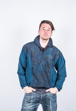 VINTAGE 1980S BLUE PATTERNED 1/4 ZIP PULLOVER JACKET