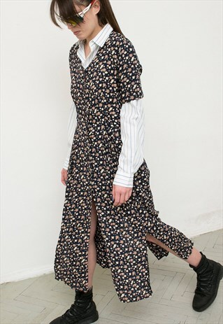 VINTAGE DARK FLORAL PRINT FESTIVAL DRESS BUTTON UP V-NECK