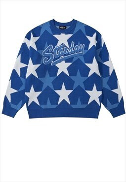 Star print sweater retro patch knitted jumper in blue