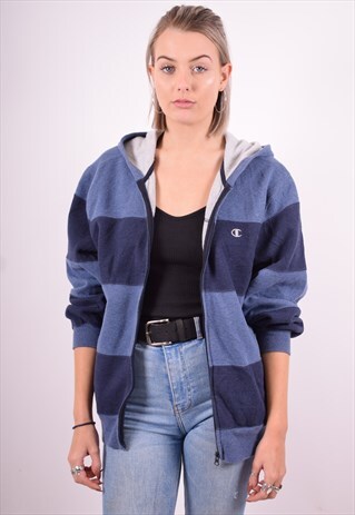 CHAMPION WOMENS VINTAGE HOODIE JACKET XL BLUE STRIPES 90'S