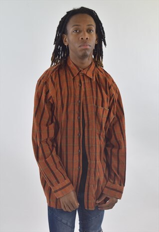 VINTAGE 90S ORANGE RED STRIPED CORDUROY PATTERNED SHIRT