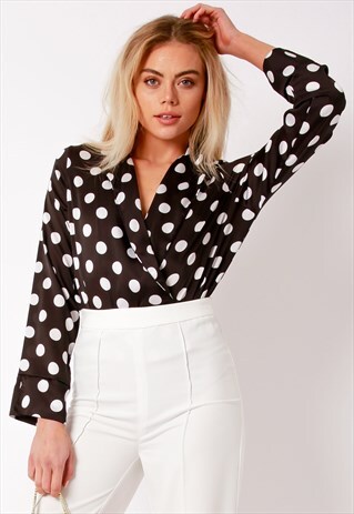 SATIN WRAP BODYSUIT BLOUSE - POLKA DOT