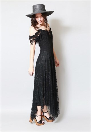 VINTAGE 1970'S BLACK FLORAL LACE BOHO MIDI DRESS