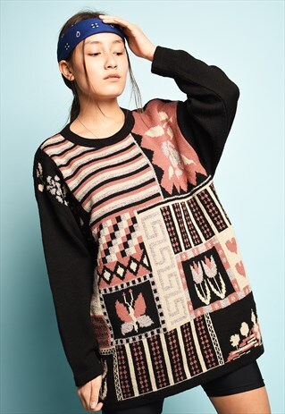 VINTAGE 90'S RETRO FLORAL PATTERN KNIT OVERSIZED JUMPER