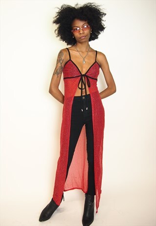 RED SPARKLE MESH LONG TOP