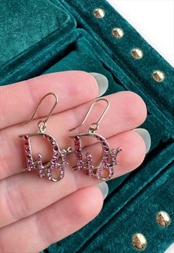 Y2K Dior earrings silver tone pink diamante trotter monogram