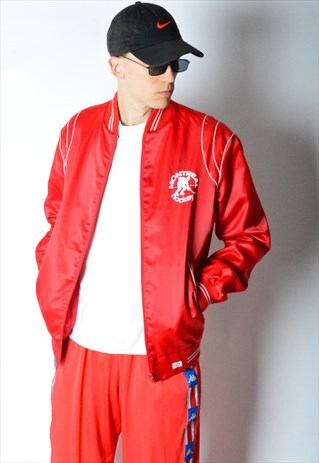 VINTAGE 80S RED MONTREAL HOCKEY BOMBER JACKET
