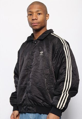 VINTAGE ADIDAS BIG LOGO BUTTON UP COLLARED JACKET BLACK