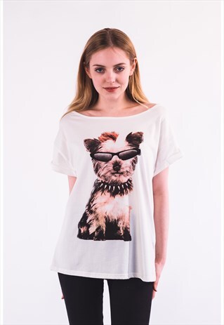 CUTE DOG WITH SUNGLASSES PRINT T-SHIRT IN WHITE COLOR