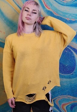 Ripped sweater High quality jumper knit retro top in yellow