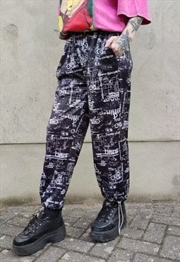 Straight fit graffiti print joggers beam overalls in black