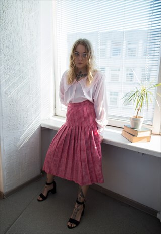VINTAGE 70'S PINK CHECKED MIDI PLEATED SKIRT