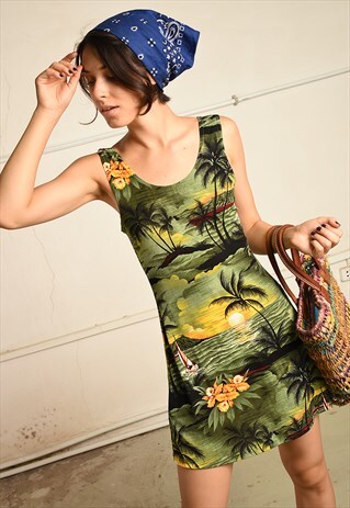 VINTAGE 90S SUMMER FESTIVAL MINI DRESS WITH HAWAIIAN PRINT