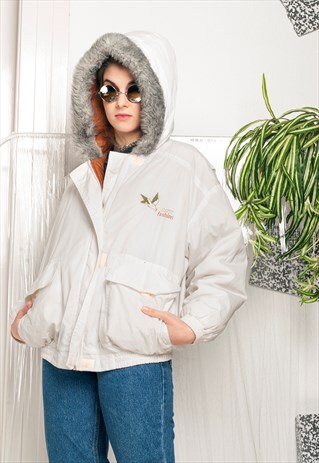 80S VINTAGE WINDBREAKER JACKET W FAUX FUR HOOD
