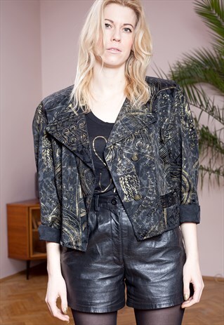 VINTAGE 80S BLACK CROPPED BOLERO WITH GOLD, DIVA JACKET