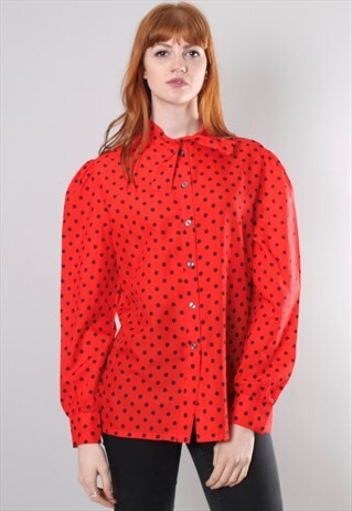 VINTAGE 80S RED POLKA DOT PATTERNED TIE NECK BLOUSE
