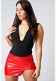 RED PVC MICRO MINI HIGH WAIST SLIT CUT OUT TIE-UP SKIRT