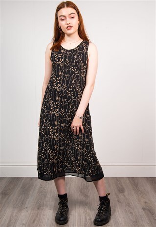 VINTAGE 90'S BLACK FLORAL PATTERN GRUNGE MIDI DRESS