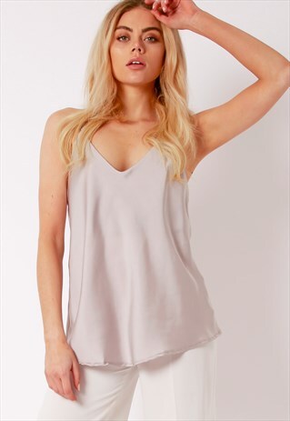 V NECK CAMI TOP - SILVER