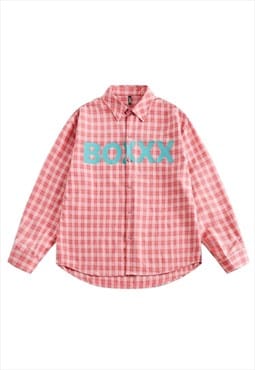 Checked shirt retro plaid blouse box slogan top in pink