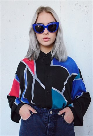 80S VINTAGE BLACK SHIRT WITH COLOURFUL PATTERNS