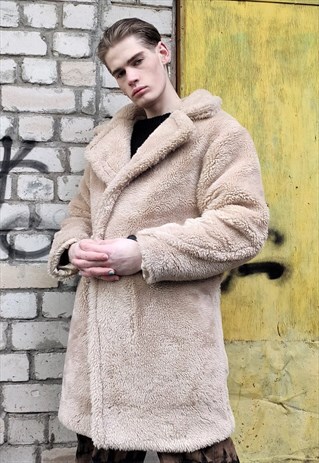 LOOSE FIT SOFT FLEECE JACKET FAKE FUR THICK MAC COAT CREAM