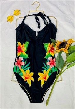 Vintage 80s Black Floral Print Tie Up Swimsuit