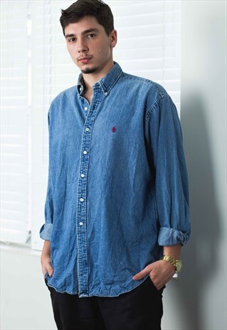 VINTAGE POLO RALPH LAUREN SHIRT DENIM LOGO 90S L 19.2