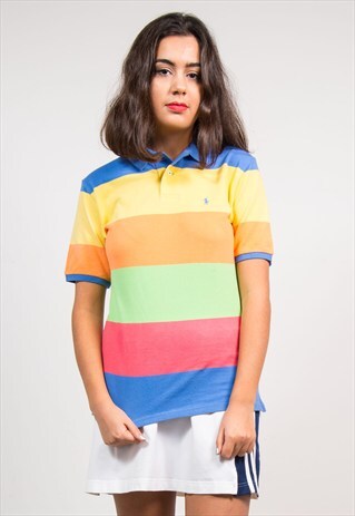 VINTAGE 90'S CUTE RAINBOW STRIPE RALPH LAUREN POLO T-SHIRT