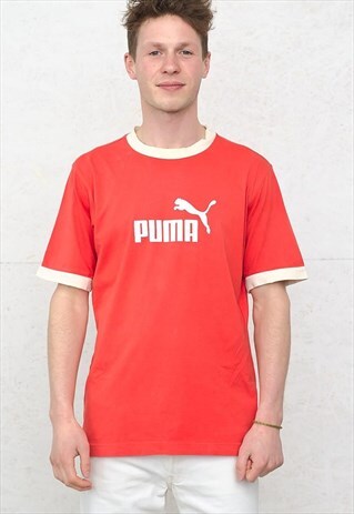 90S VINTAGE RED AND WHITE PUMA CREW NECK LOGO T-SHIRT