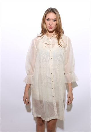 VINTAGE 1950'S 50'S EMBROIDERED CREAM SILK RUFFLE DRESS XL
